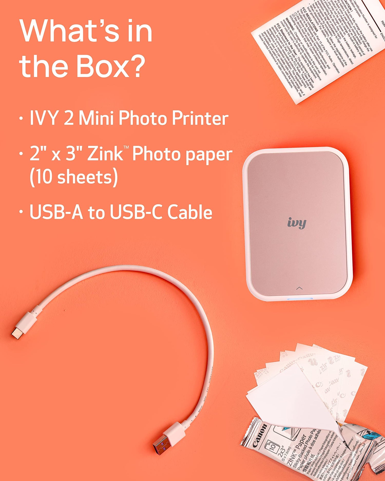 Canon Ivy 2 Mini Photo Printer, Print from Compatible iOS &amp; Android Devices, Sticky-Back Prints, Pure White