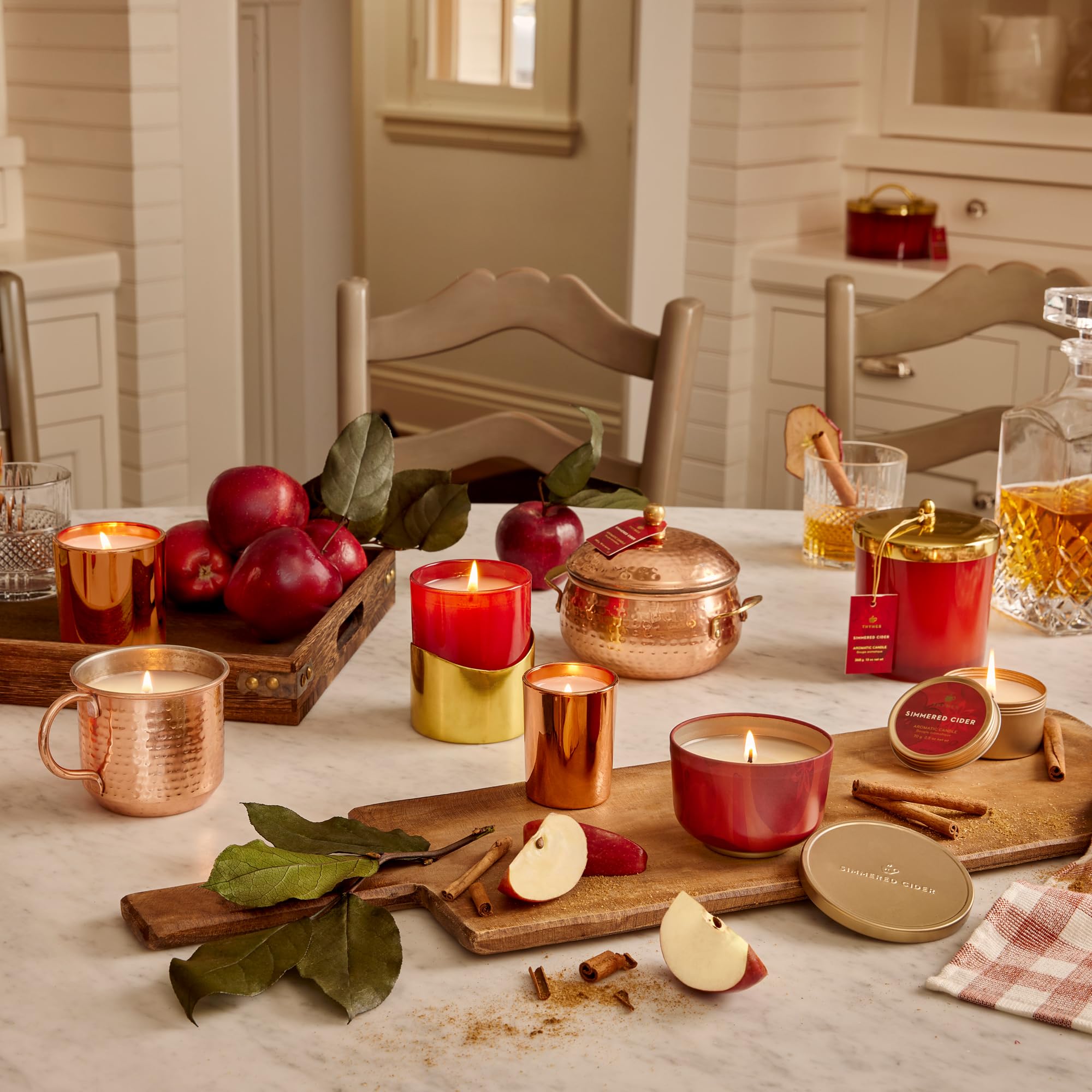 Thymes Simmered Cider Candle - Scented Candle with A Crisp Apple Home Fragrance - Warm &amp; Spicy Scented Candle with Notes of Apple, Clove, and Cardamom - Luxury Home Fragrance - 6.5 Oz