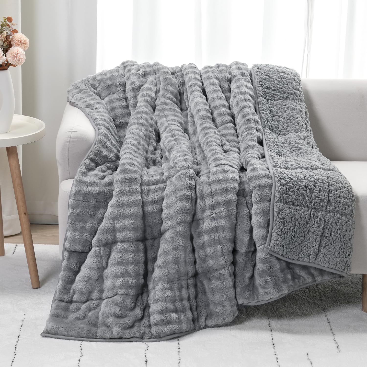 Cottonblue Weighted Blanket 15lbs Bubble Faux Fur Plush Sherpa Weighted Blankets for Adults, Fits Queen Size Bed, Cute Fuzzy Warm Heavy Blanket for Calm and Better Sleep, 60&quot;x80&quot;, Cream White