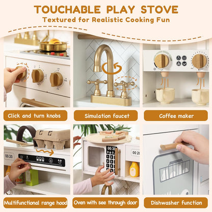 Interactive Wooden Play Kitchen Set for Kids: Realistic Features with Extended Storage and 15 pcs Kitchen Accessories, Ideal Pretend Playset Gift for Toddlers and Children Ages 3+