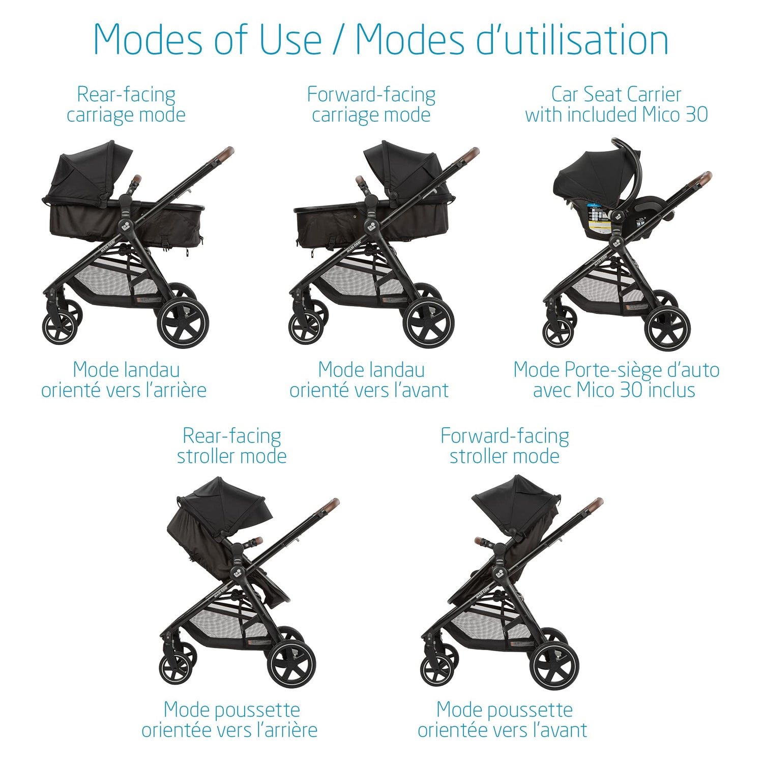 Maxi-Cosi Zelia Max 5-in-1 Modular Travel System, Carraige mode, Reversible toddler seat, Use from birth, Mico infant car seat (included), Polished Pebble