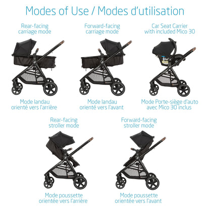 Maxi-Cosi Zelia Max 5-in-1 Modular Travel System, Carraige mode, Reversible toddler seat, Use from birth, Mico infant car seat (included), Polished Pebble