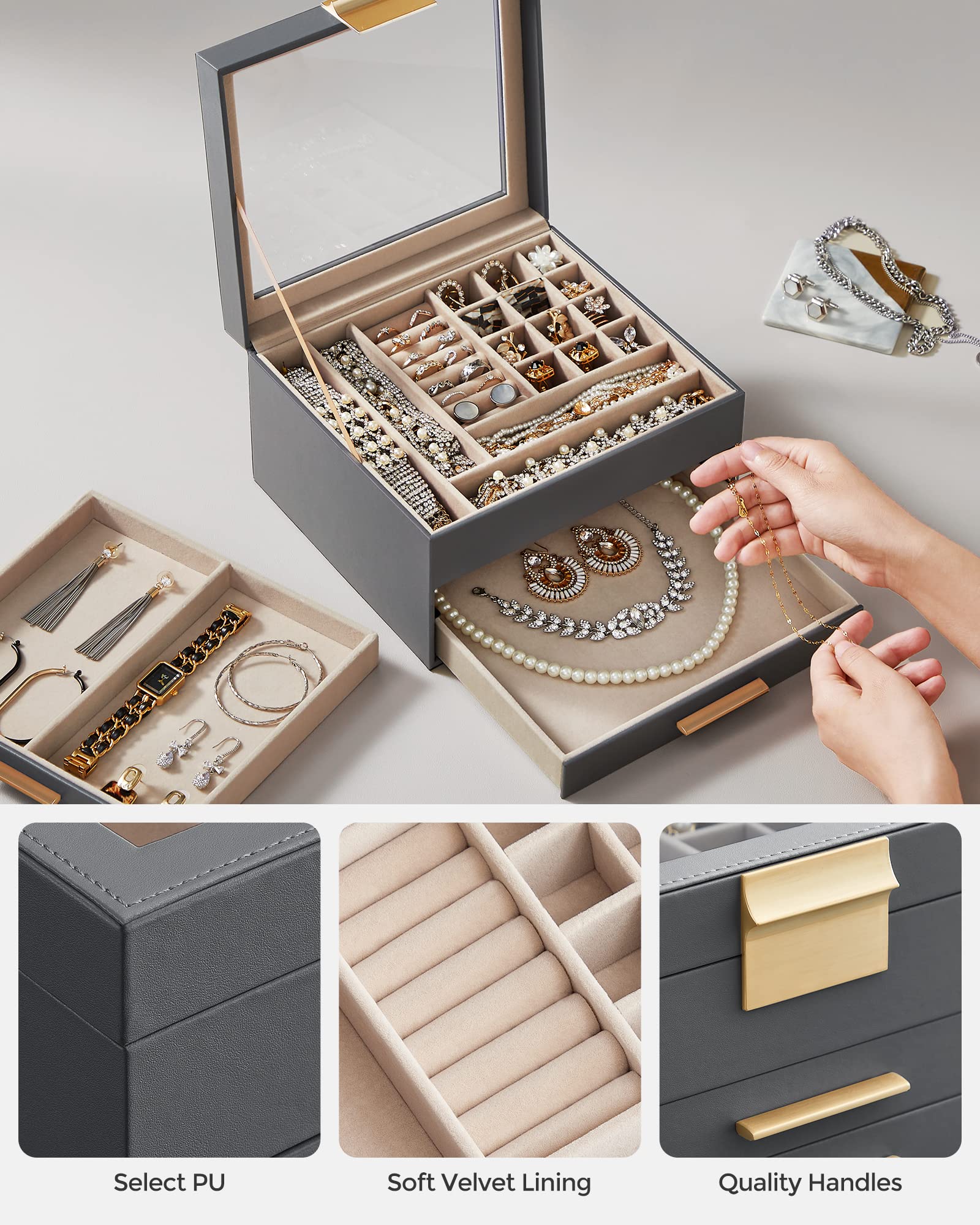 SONGMICS Jewelry Box with Glass Lid, 3-Layer Jewelry Organizer, 2 Drawers, for Big and Small Jewelry, Jewelry Storage, Modern Style, 8 x 9.1 x 5.3 Inches, Cloud White and Gold Color UJBC239WT