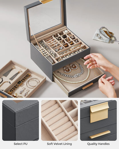 SONGMICS Jewelry Box with Glass Lid, 3-Layer Jewelry Organizer, 2 Drawers, for Big and Small Jewelry, Jewelry Storage, Modern Style, 8 x 9.1 x 5.3 Inches, Cloud White and Gold Color UJBC239WT