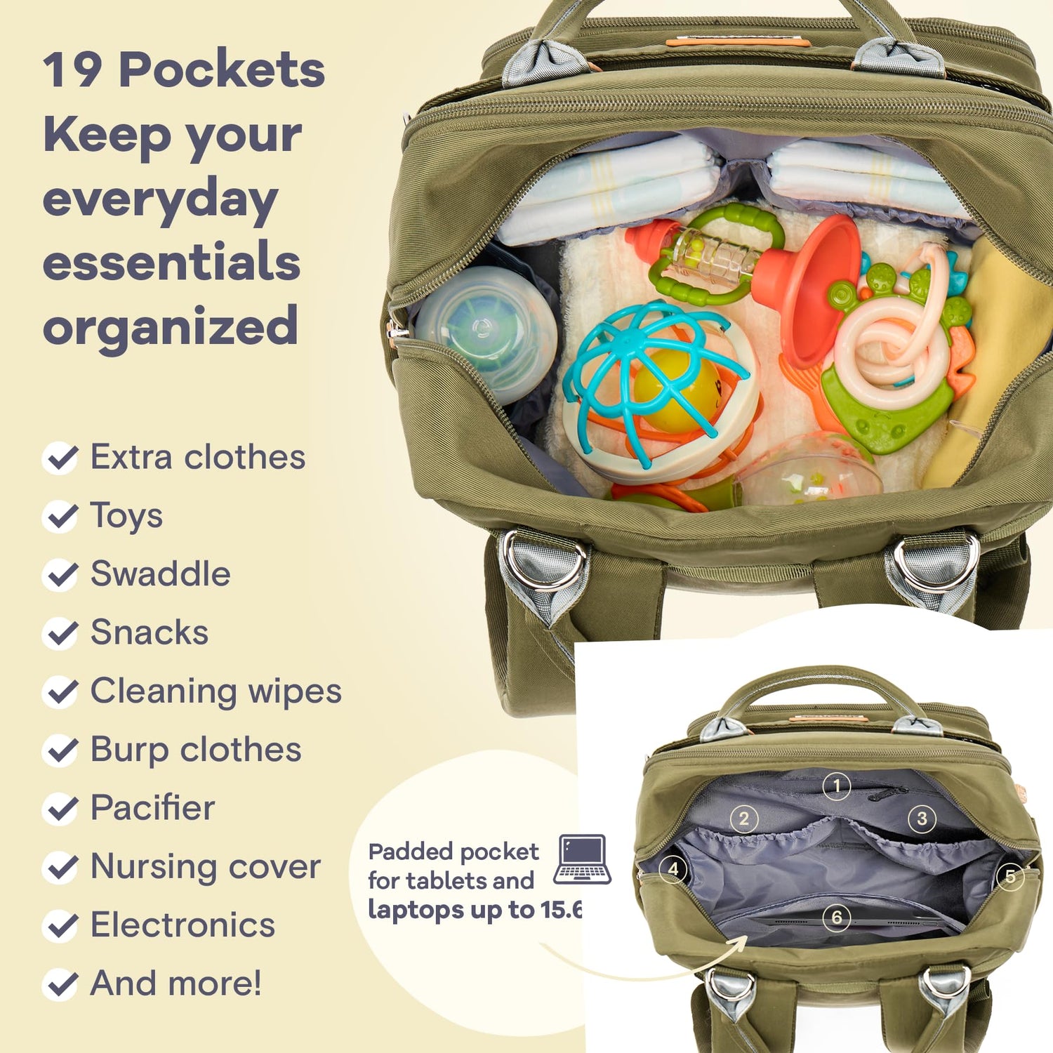 RUVALINO Diaper Bag Backpack, Multifunction Travel Pack Maternity Baby Changing Bags, Large Capacity, Waterproof, Beige