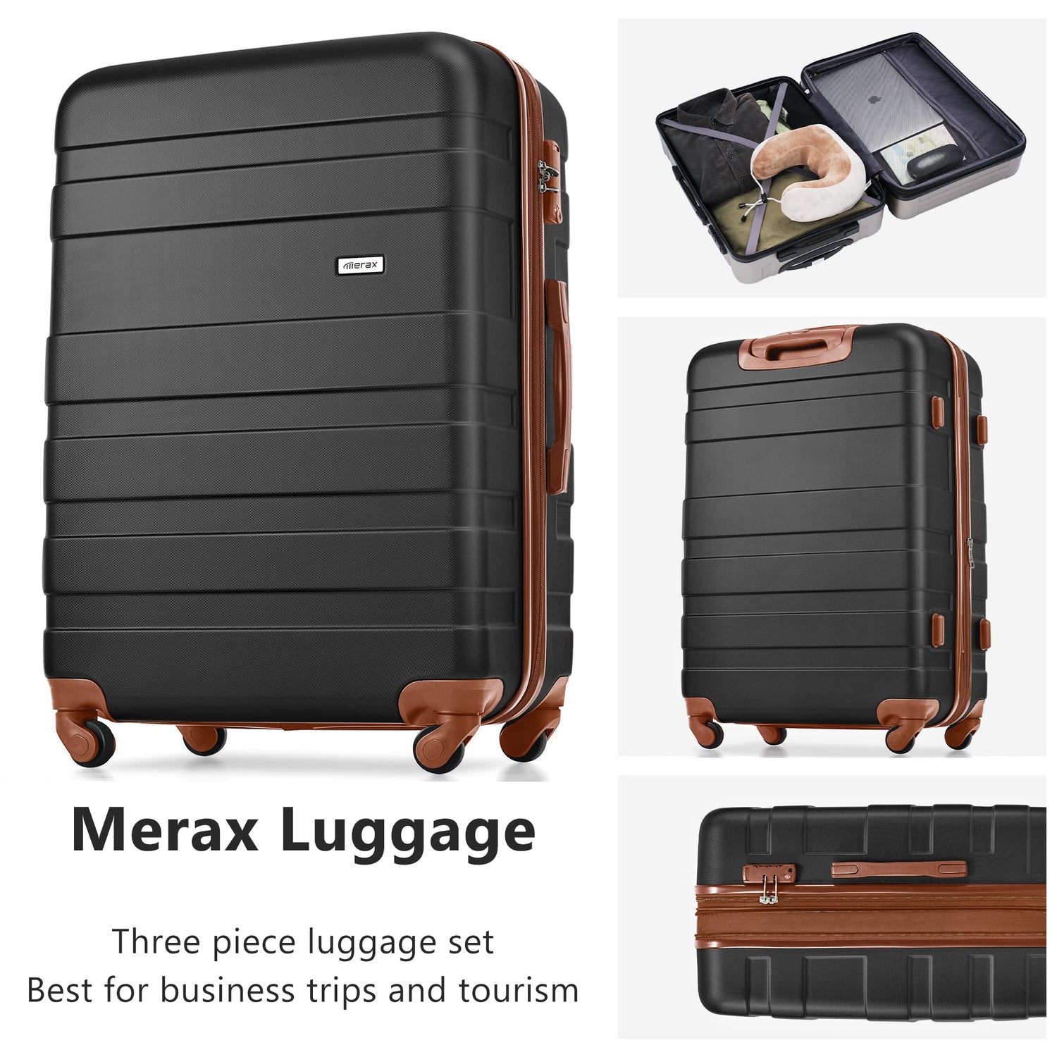 Merax 3 Pcs ABS Hardside Luggage Sets TSA Lock Spinner Wheel Suitcases, Pearly White, 20/24/28 Inch
