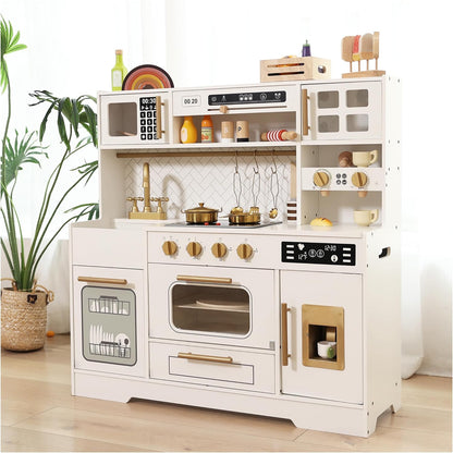 Interactive Wooden Play Kitchen Set for Kids: Realistic Features with Extended Storage and 15 pcs Kitchen Accessories, Ideal Pretend Playset Gift for Toddlers and Children Ages 3+