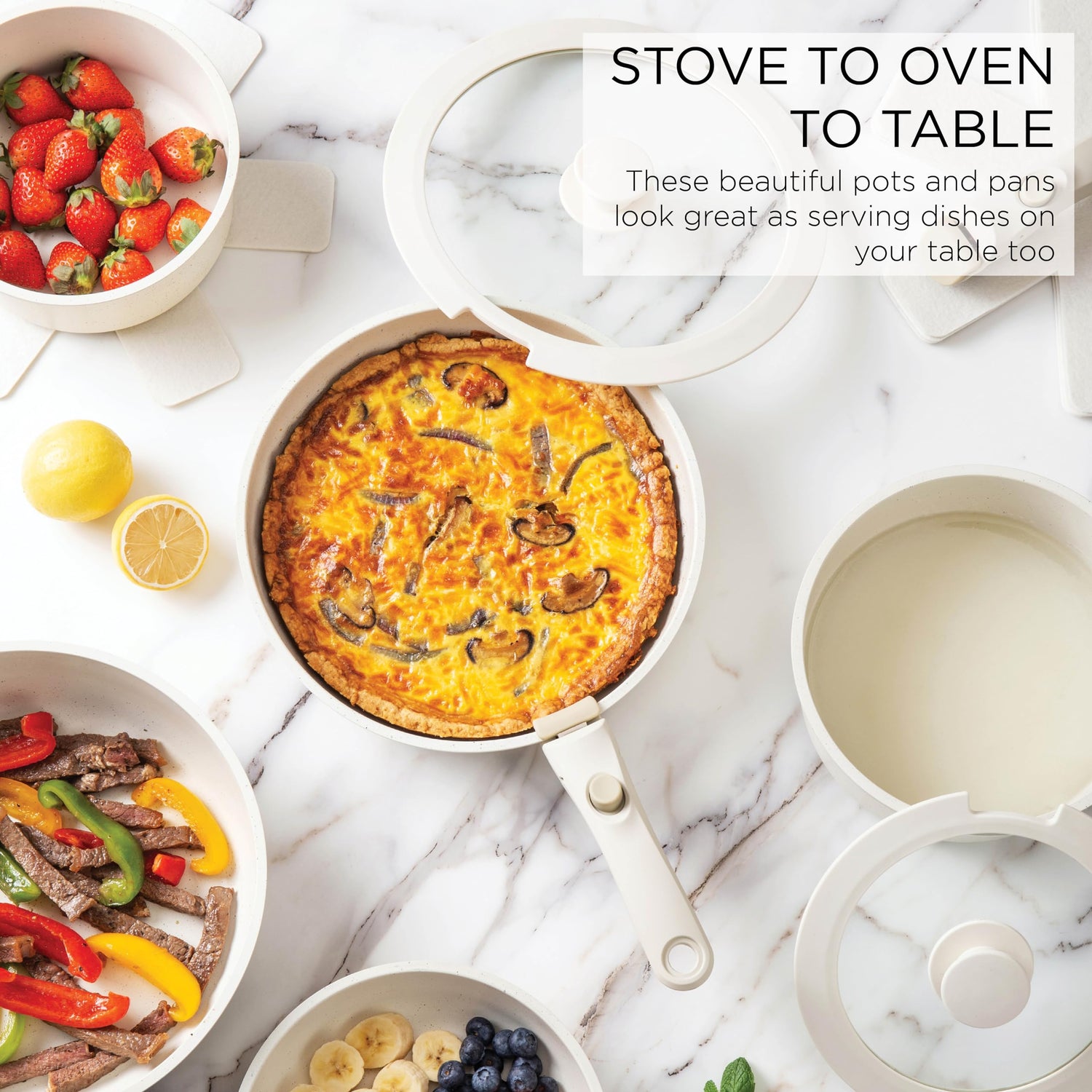 Country Kitchen Cookware Set with Removable Handle, Oven &amp; RV Safe Pots and Pans Set, Cream, Deluxe Larger Set