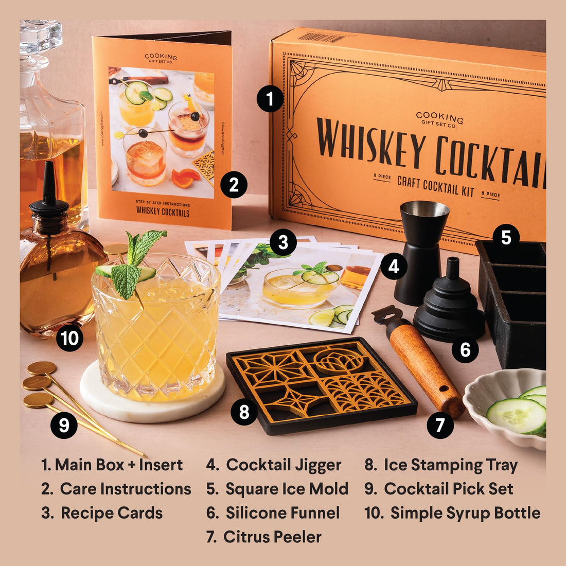 Whiskey Set Cocktail Kit with Ice Stamp - Cool Bourbon Gifts for Men -Whiskey Gifts for Men - Home Bar Accessories/Barware Set - Old Fashioned Kit - Cocktail Accessories for Gifts for Male Friends