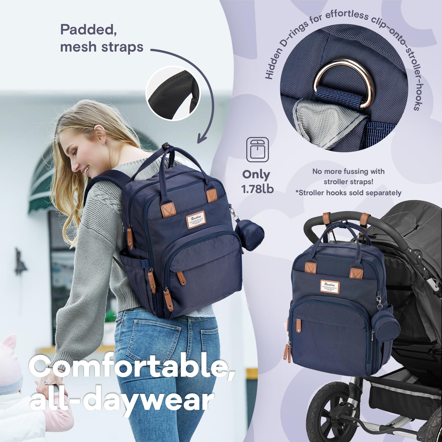 RUVALINO Diaper Bag Backpack, Multifunction Travel Pack Maternity Baby Changing Bags, Large Capacity, Waterproof, Beige