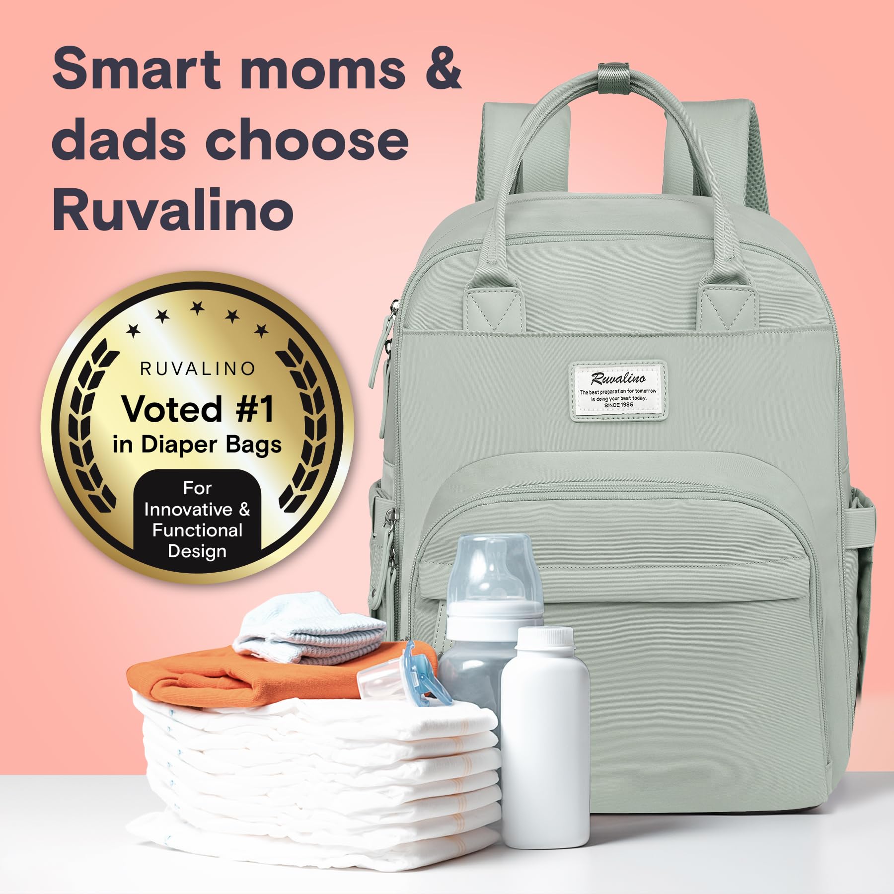RUVALINO Diaper Bag Backpack, Multifunction Travel Pack Maternity Baby Changing Bags, Large Capacity, Waterproof, Beige