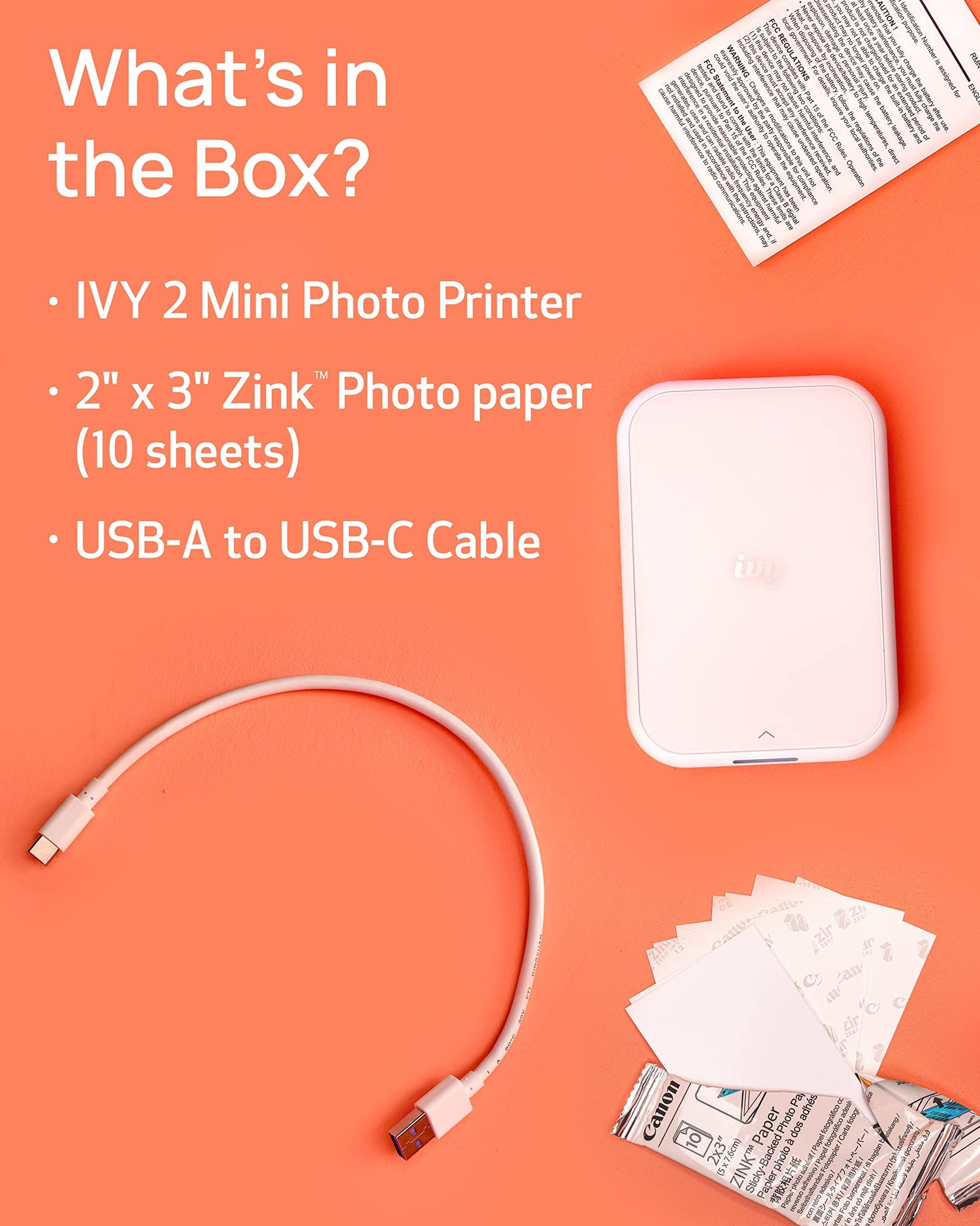 Canon Ivy 2 Mini Photo Printer, Print from Compatible iOS &amp; Android Devices, Sticky-Back Prints, Pure White
