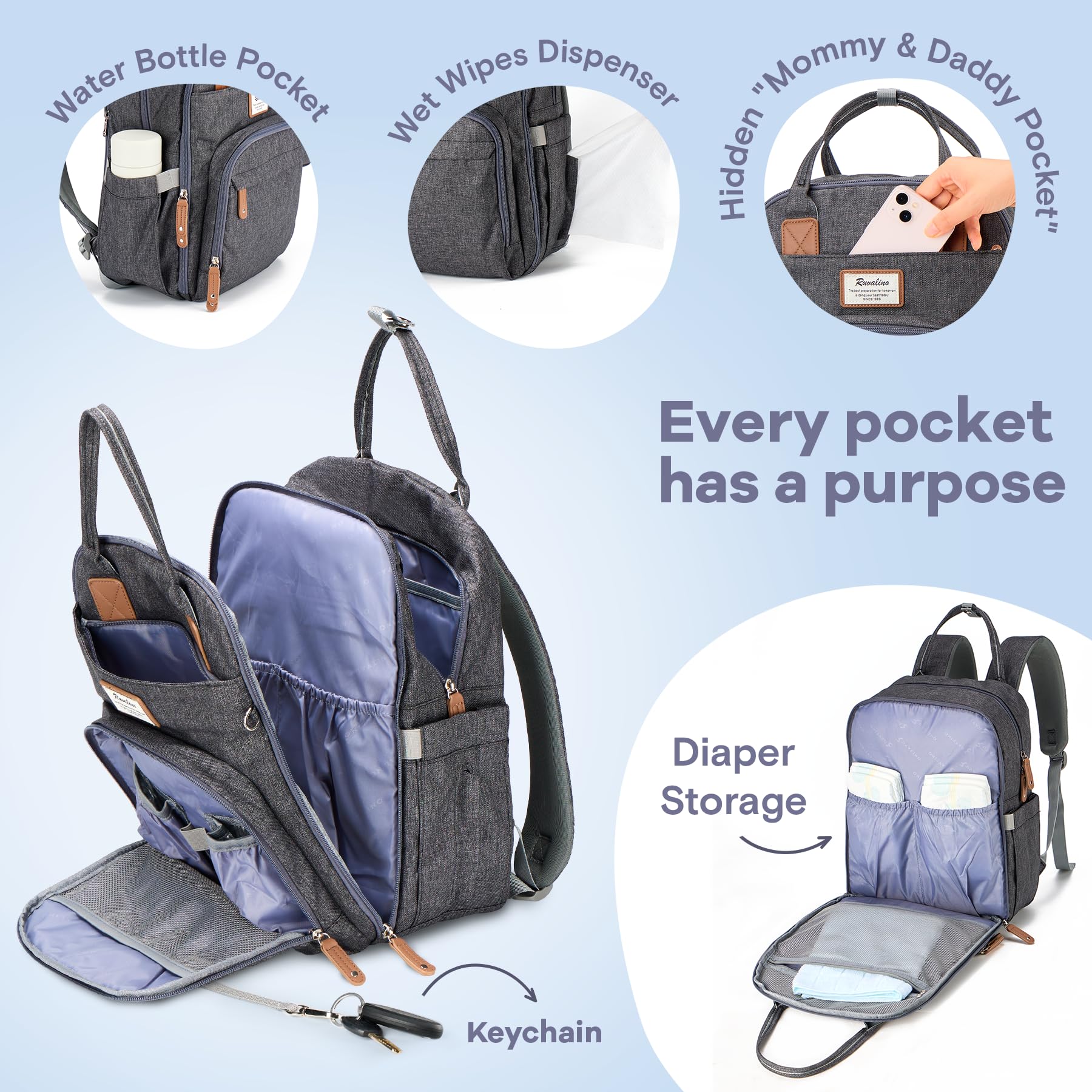 RUVALINO Diaper Bag Backpack, Multifunction Travel Pack Maternity Baby Changing Bags, Large Capacity, Waterproof, Beige