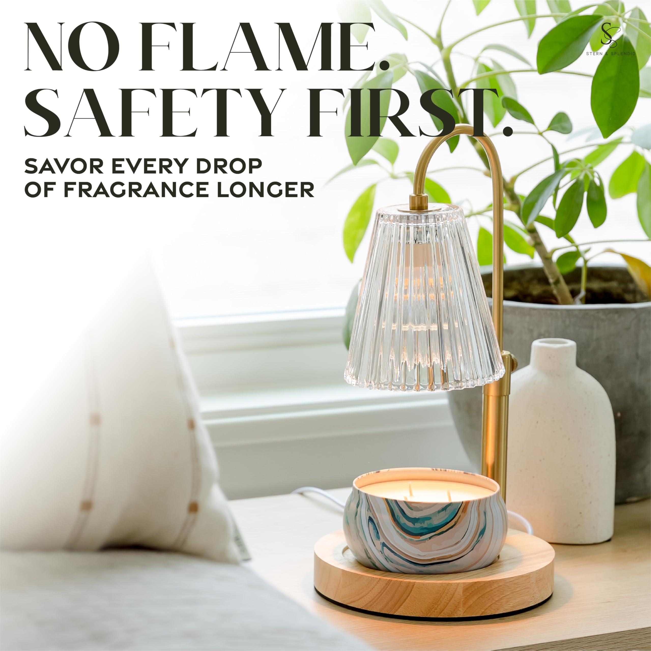 Flameless Candle Warmer Lamp for Jar Candles Large &amp; Small – Dimmable Lamp Candle Warmer Electric with Large Marble Base &amp; Adjustable Height – Candle Melter with Timer and 4 Halogen Light Bulbs