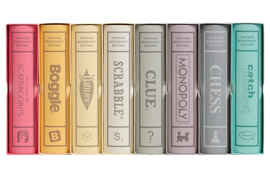 WS Game Company Collection of 8 Vintage Bookshelf Edition Board Games Including Scrabble, Monopoly, Clue, Yahtzee, Catch Phrase, Chess, Scattergories, and Boggle
