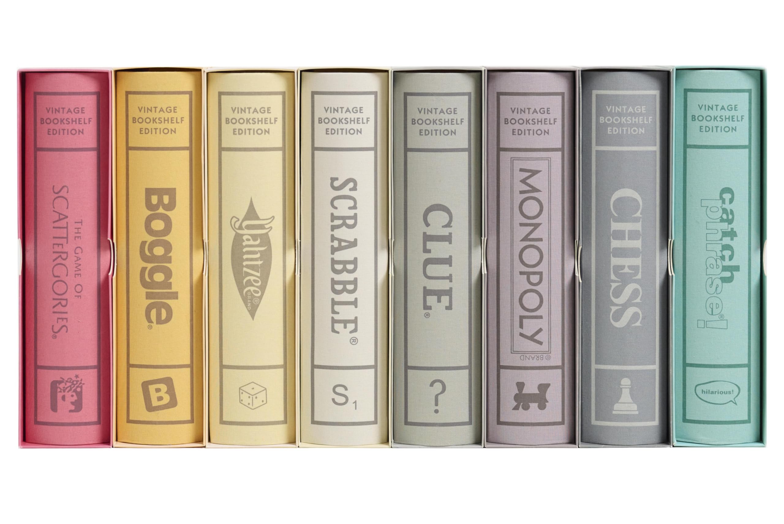 WS Game Company Collection of 8 Vintage Bookshelf Edition Board Games Including Scrabble, Monopoly, Clue, Yahtzee, Catch Phrase, Chess, Scattergories, and Boggle