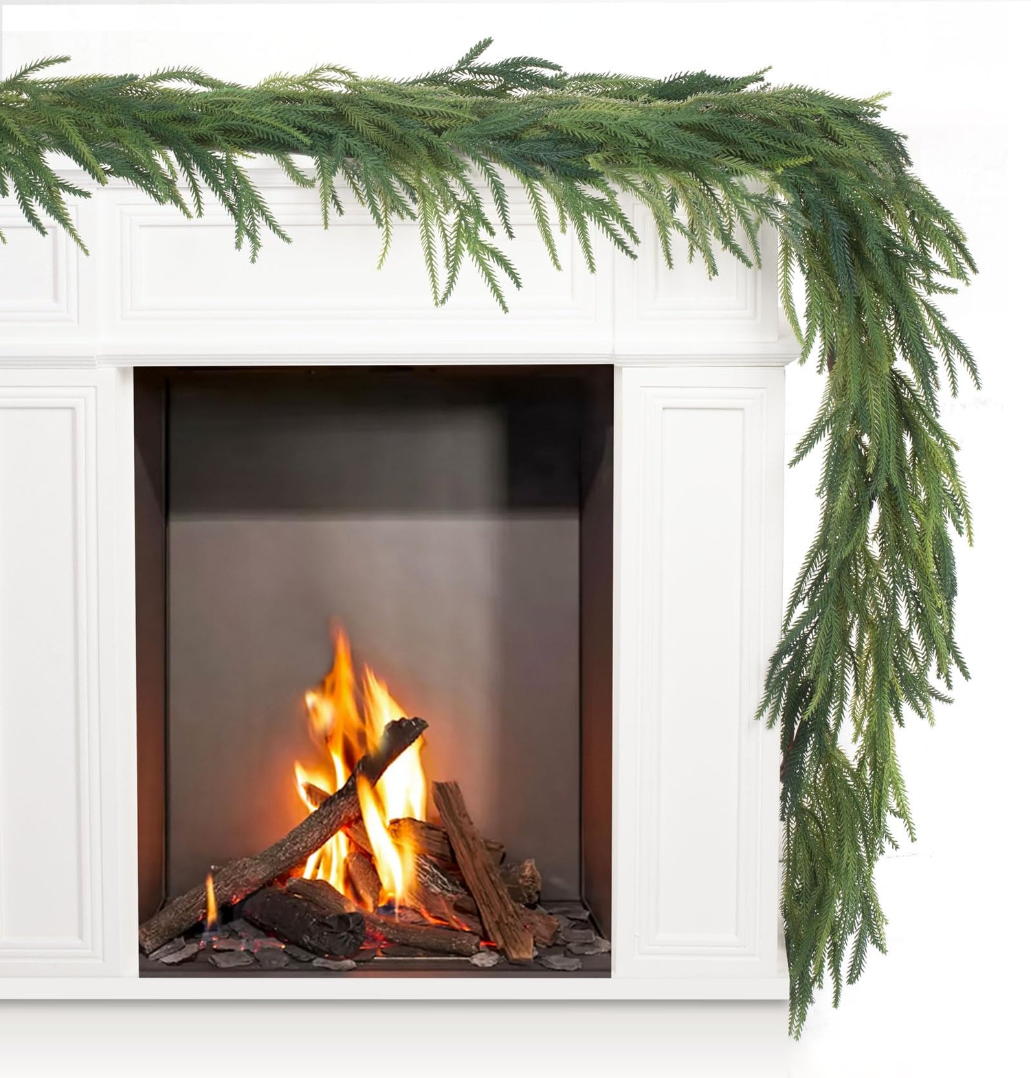 Jin&amp;Bao 6FT Real Touch Norfolk Pine Garlands, Christmas Garland with Lights, Christmas Decorations for Mantel Stairs Table Runner Outdoor Indoor Winter Decor, 50 LED with Timer 8 Modes
