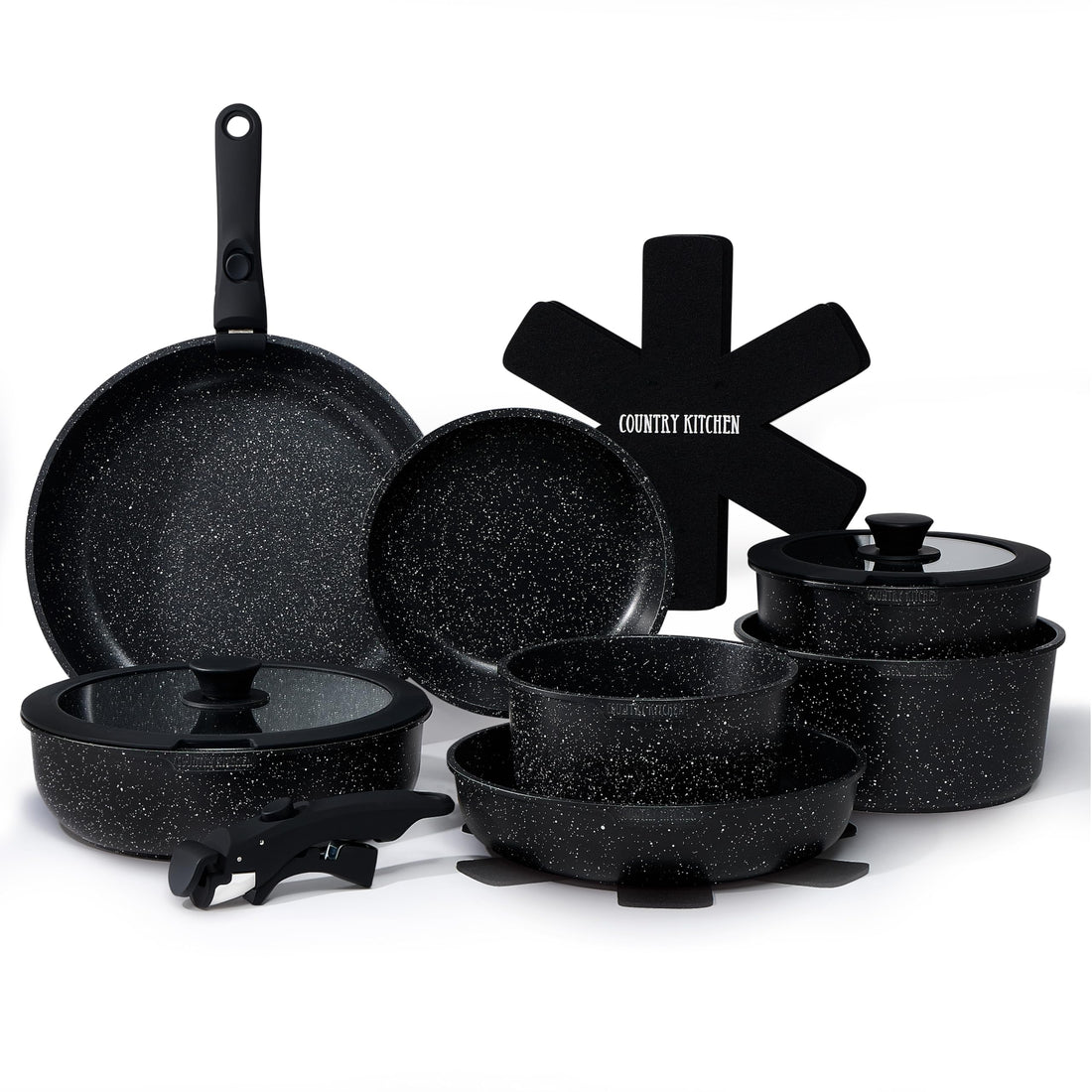 Country Kitchen Cookware Set with Removable Handle, Oven &amp; RV Safe Pots and Pans Set, Cream, Deluxe Larger Set