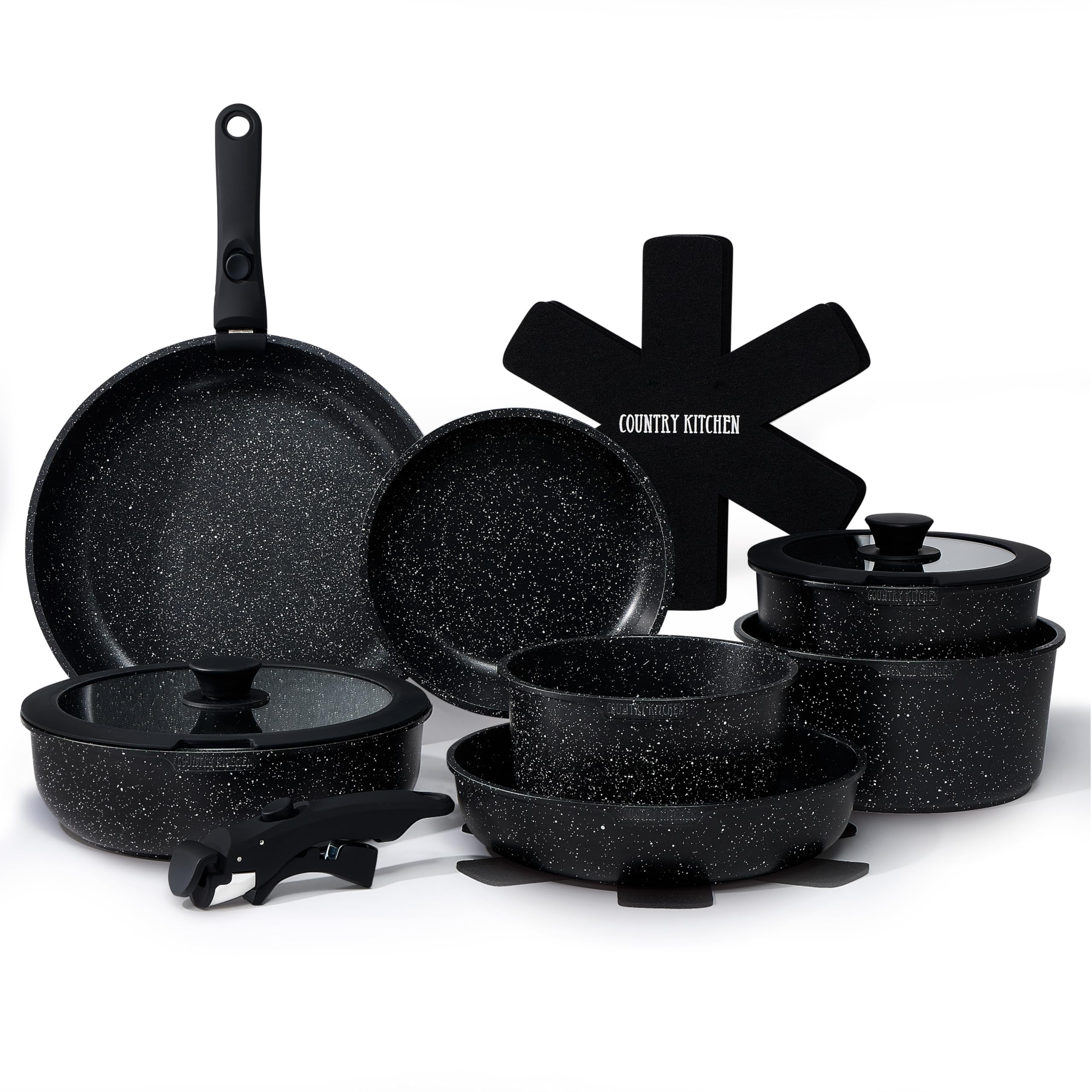 Country Kitchen Cookware Set with Removable Handle, Oven &amp; RV Safe Pots and Pans Set, Cream, Deluxe Larger Set