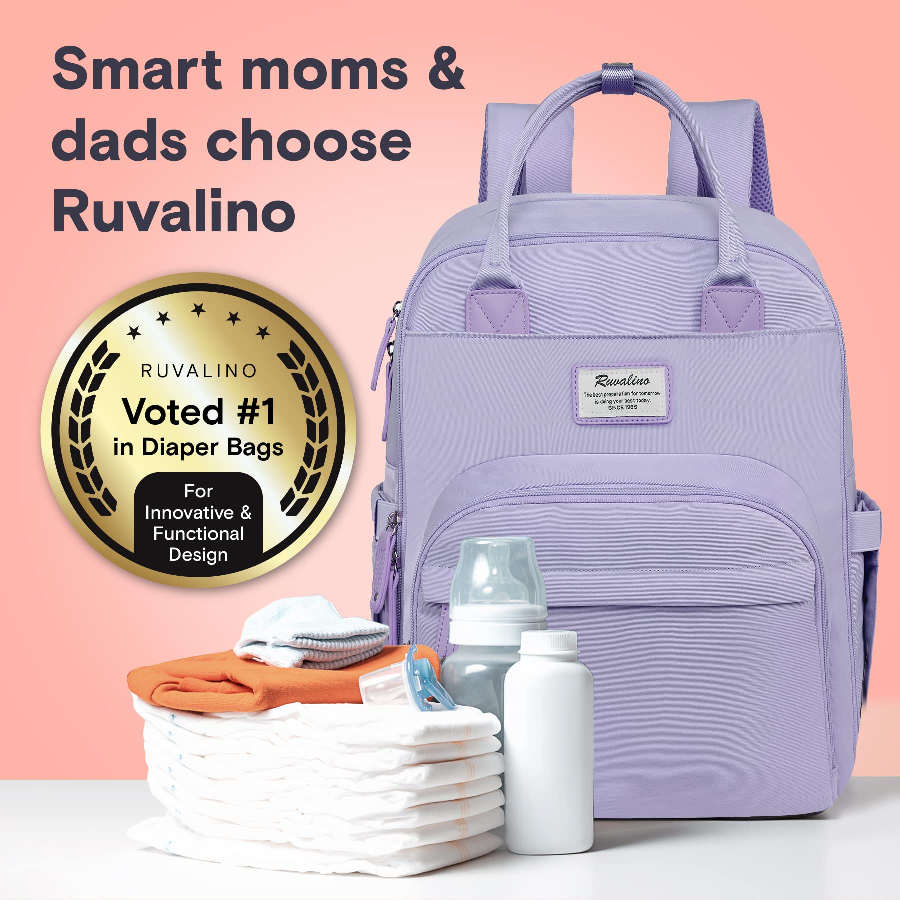 RUVALINO Diaper Bag Backpack, Multifunction Travel Pack Maternity Baby Changing Bags, Large Capacity, Waterproof, Beige