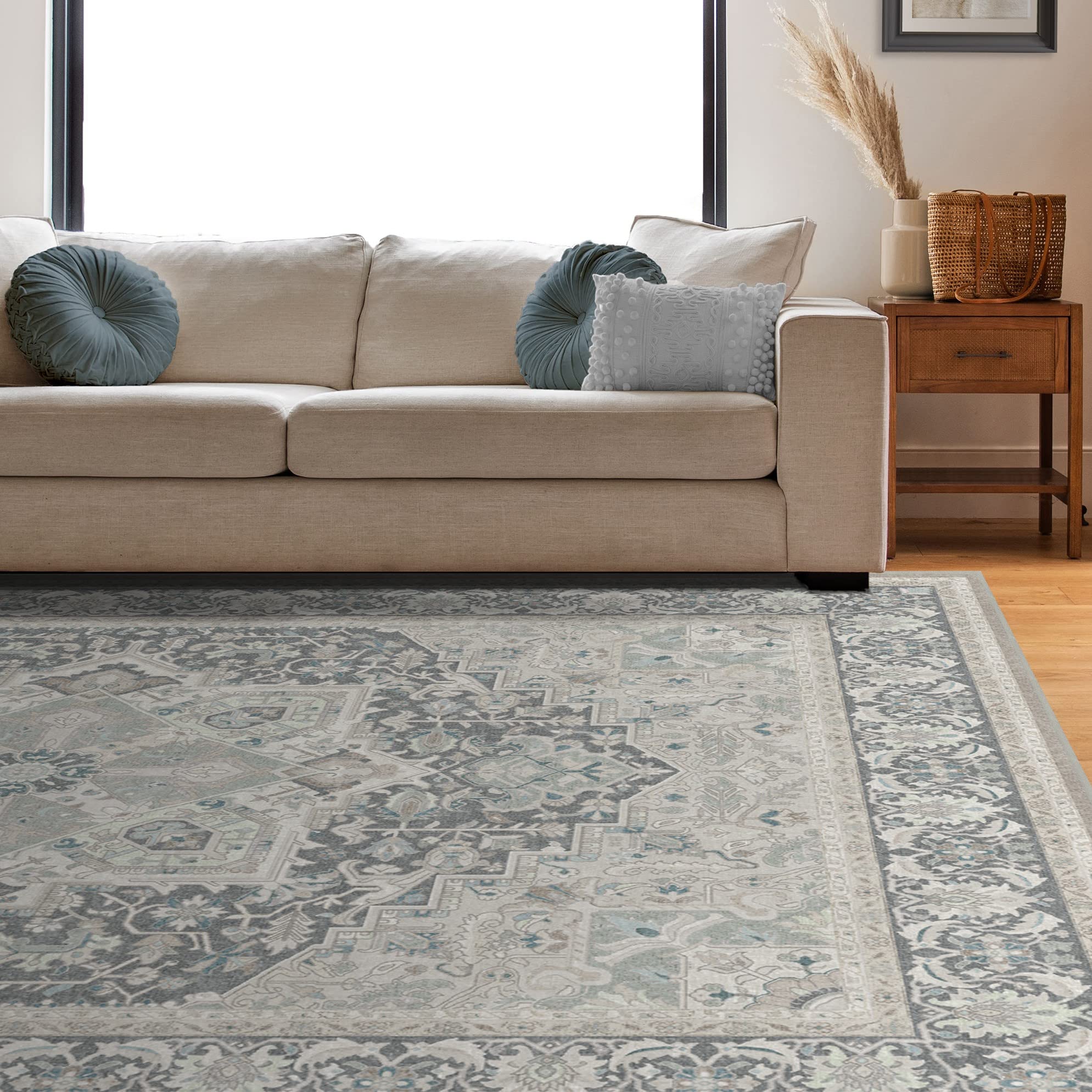 RUGGABLE Hendesi Heriz Washable Rug - Perfect Antique Vintage Area Rug for Living Room Bedroom Kitchen - Pet &amp; Child Friendly - Stain &amp; Water Resistant, Non-Slip - Abalone 2&
