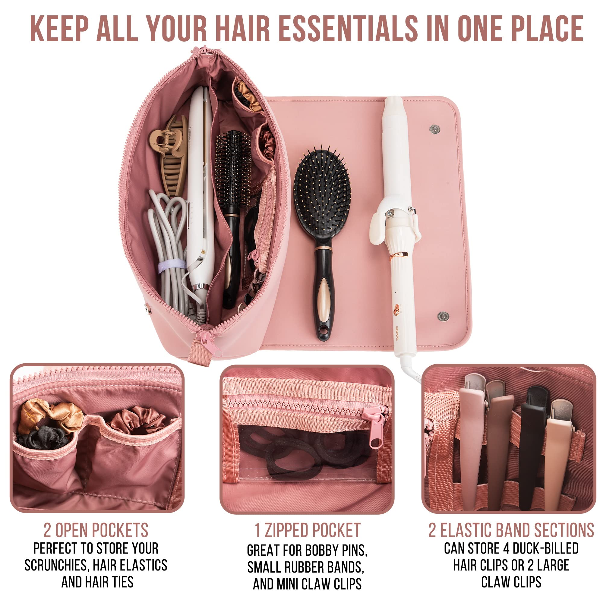 BAREFOOT CARIBOU Hair Tools Travel Bag and Heat Resistant Mat for Flat Irons, Straighteners, Curling Iron, and Haircare Accessories, 2-in-1 Design, with Interior Pockets, Portable Organizer (Ivory)