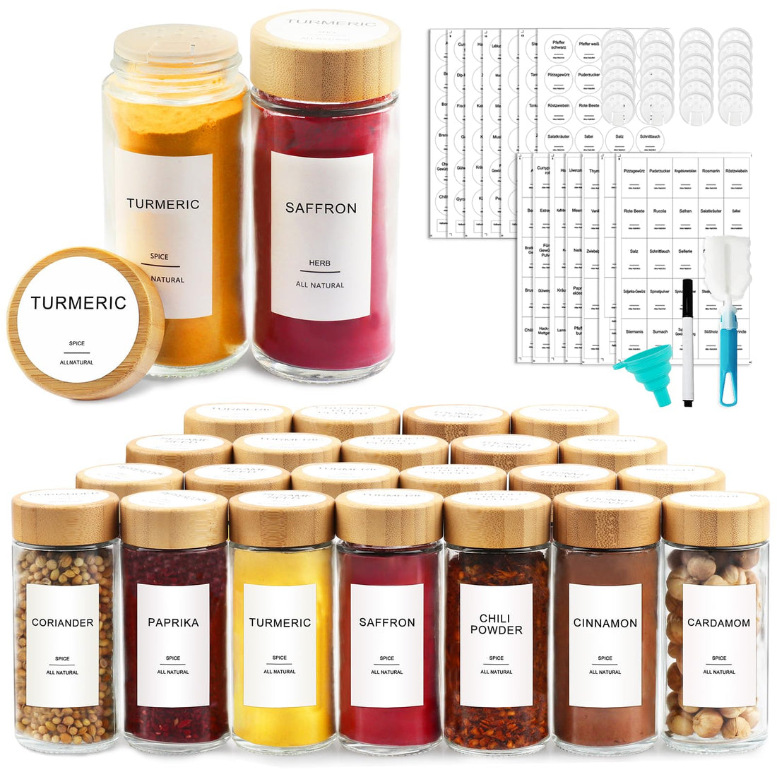 AISIPRIN 24 Pcs Glass Spice Jars with Bamboo Airtight Lids and 398 Labels, 4oz Empty Square Containers Seasoning Storage Bottles - Shaker Lids, Funnel, Brush and Marker Included