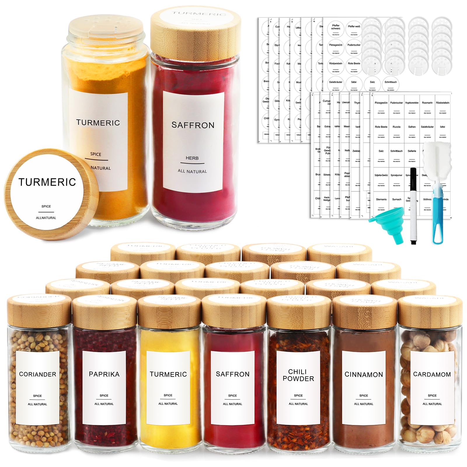 AISIPRIN 24 Pcs Glass Spice Jars with Bamboo Airtight Lids and 398 Labels, 4oz Empty Square Containers Seasoning Storage Bottles - Shaker Lids, Funnel, Brush and Marker Included