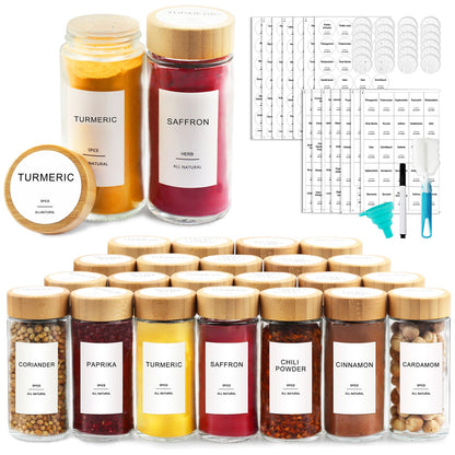 AISIPRIN 24 Pcs Glass Spice Jars with Bamboo Airtight Lids and 398 Labels, 4oz Empty Square Containers Seasoning Storage Bottles - Shaker Lids, Funnel, Brush and Marker Included