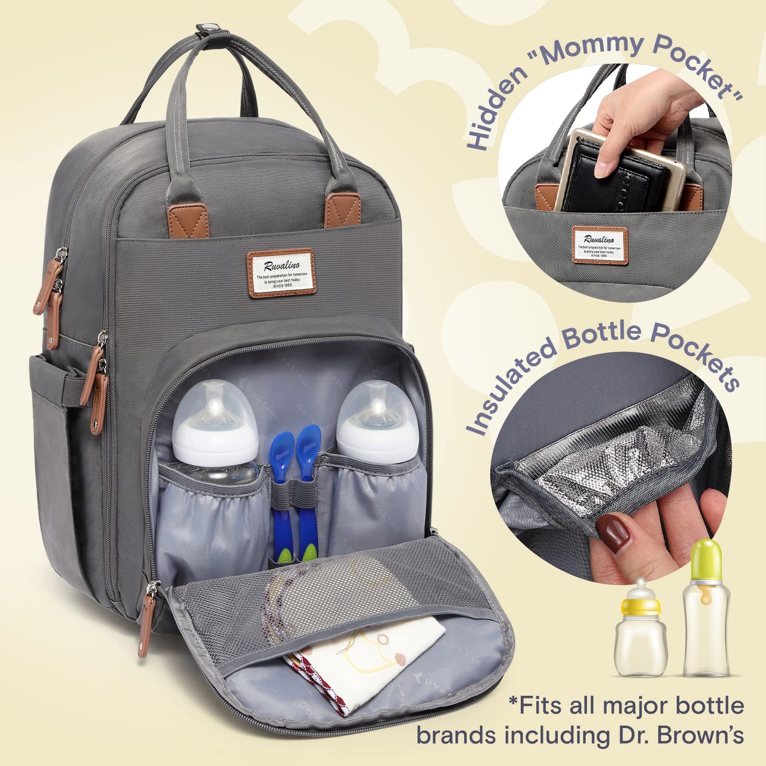 RUVALINO Diaper Bag Backpack, Multifunction Travel Pack Maternity Baby Changing Bags, Large Capacity, Waterproof, Beige