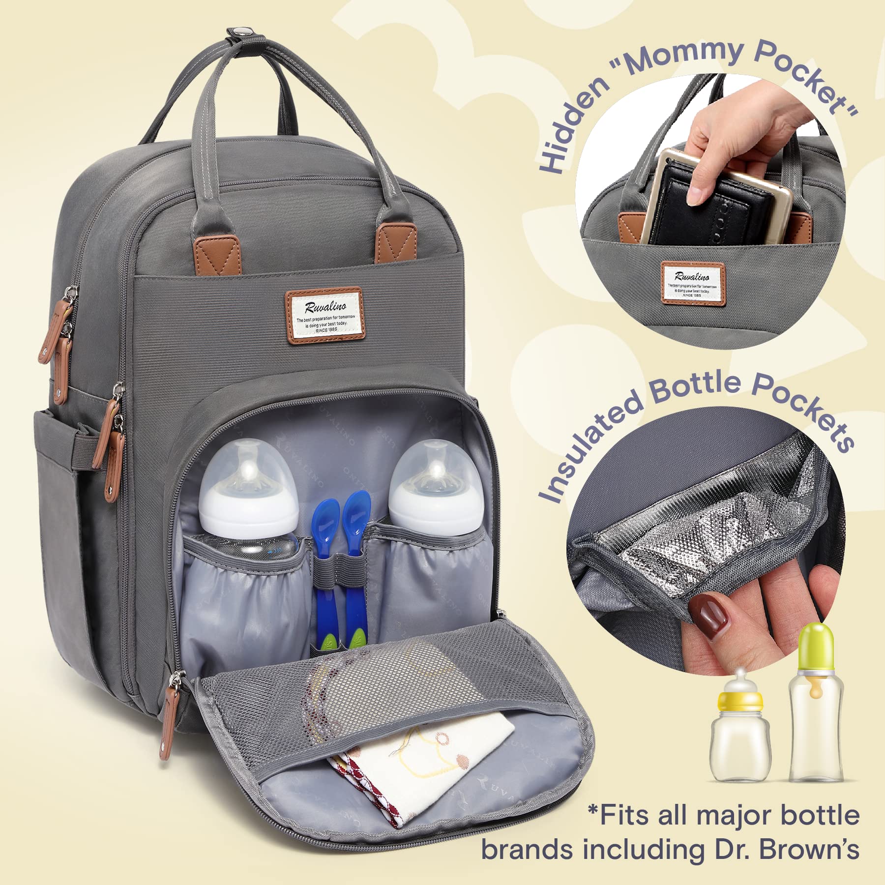 RUVALINO Diaper Bag Backpack, Multifunction Travel Pack Maternity Baby Changing Bags, Large Capacity, Waterproof, Beige