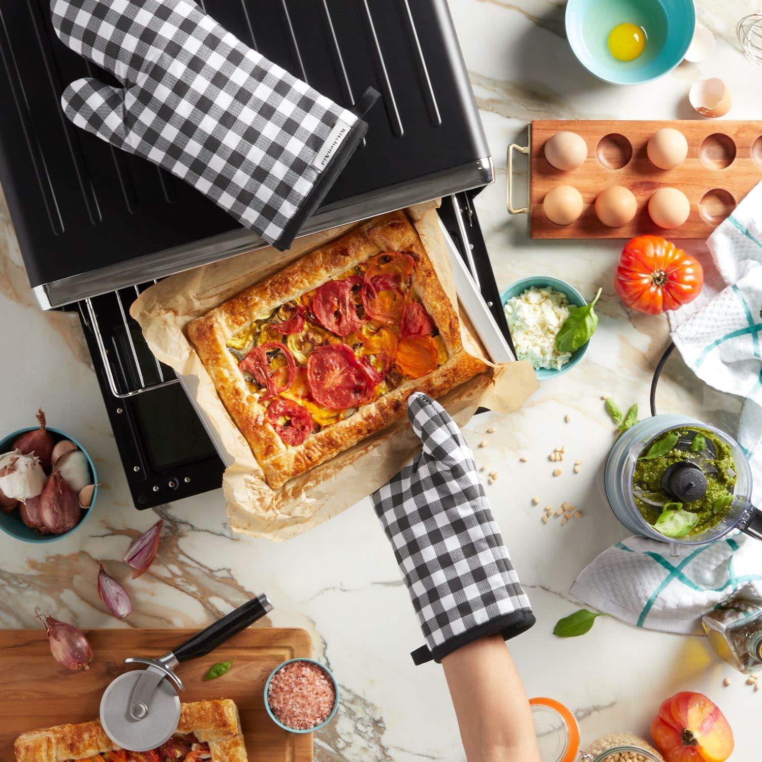 KitchenAid Gingham Oven Mitt 2-Pack Set, Milkshake, 7&quot;x13&quot;