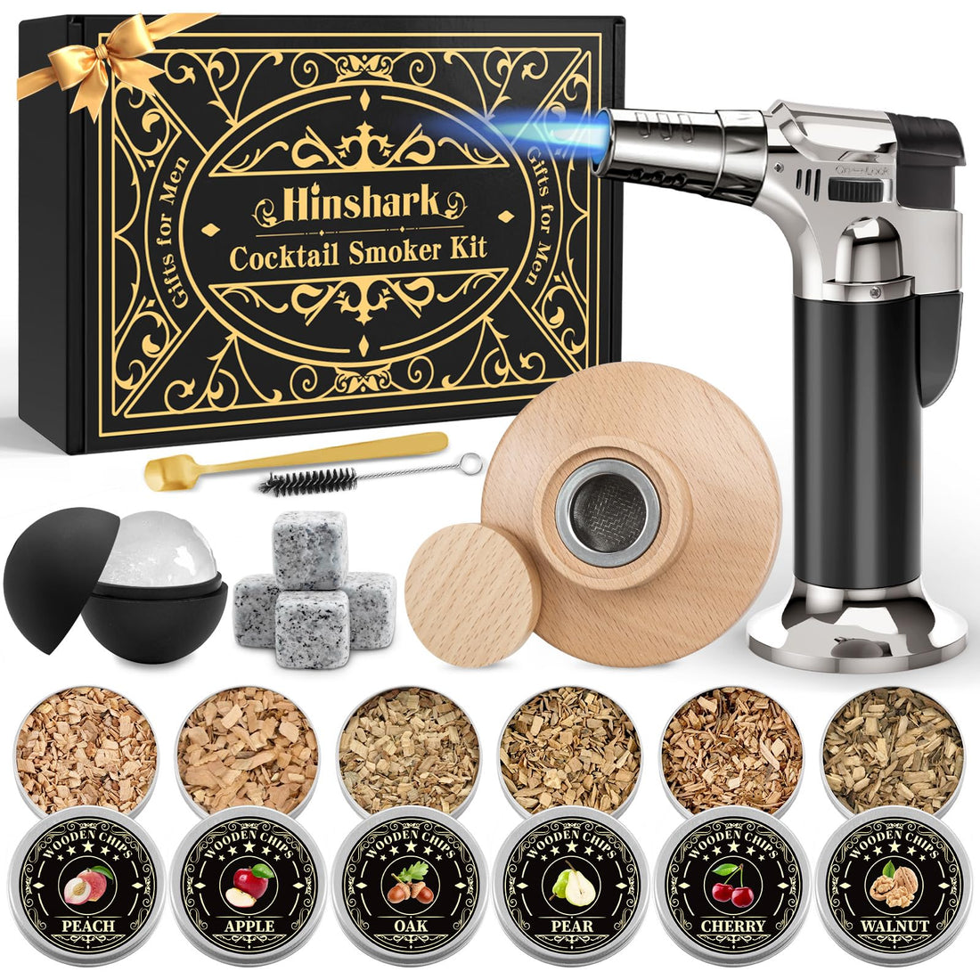 Gifts for Men Cocktail Smoker Kit for Bourbon Whiskey, Dad Mens Gifts for Christmas, Bourbon Whiskey Smoker Gifts for Men Dad Him Husband, 6 Flavors Wood Chips for Old Fashioned Smoker Kit (No Butane)