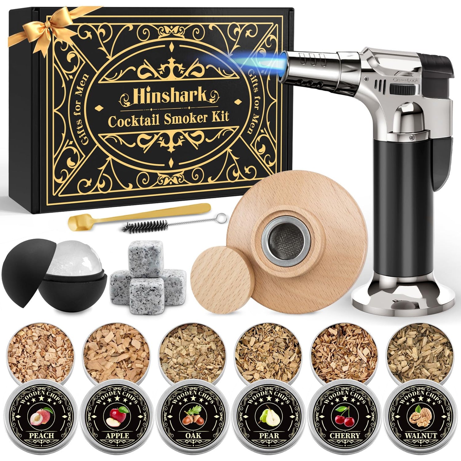 Gifts for Men Cocktail Smoker Kit for Bourbon Whiskey, Dad Mens Gifts for Christmas, Bourbon Whiskey Smoker Gifts for Men Dad Him Husband, 6 Flavors Wood Chips for Old Fashioned Smoker Kit (No Butane)