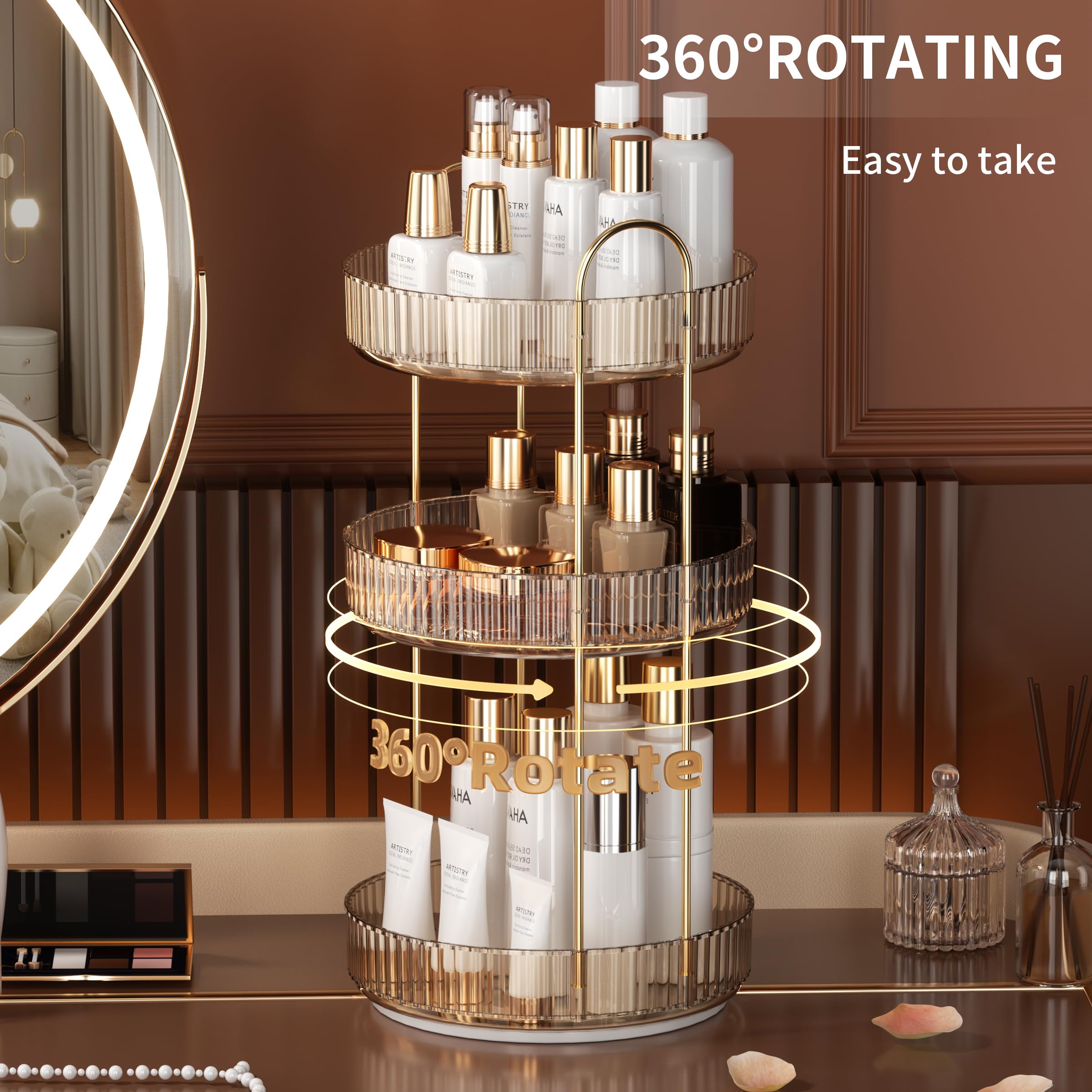YCIA&amp;DONE 360 Rotating Makeup Organizer and Storage for Vanity Bathroom Countertop, High Capacity Cosmetic Skincare Perfume Organizer for Dresser Lazy Susan Organizers(Clear White,2 Tiers)