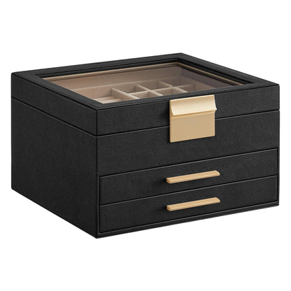 SONGMICS Jewelry Box with Glass Lid, 3-Layer Jewelry Organizer, 2 Drawers, for Big and Small Jewelry, Jewelry Storage, Modern Style, 8 x 9.1 x 5.3 Inches, Cloud White and Gold Color UJBC239WT