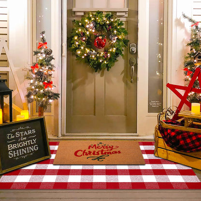 Christmas Red and White Plaid Rug - 28 x 43 Inches Outdoor Front Door Decor Mat Cotton Washable Hand-Woven Rug Christmas New Year Holiday Porch Entryway Layered Doormat