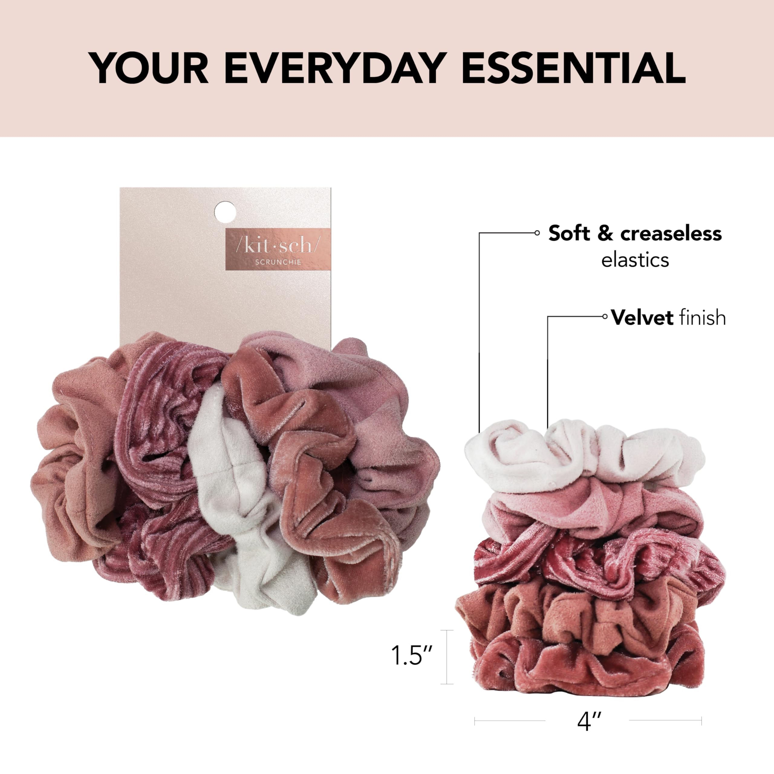 Kitsch 5 Count Velvet Hair Scrunchies for Women - Hair Ties for Thick Hair, Girls, Women, Cute Scrunchies, Soft Hair Accessories, Blush/Mauve