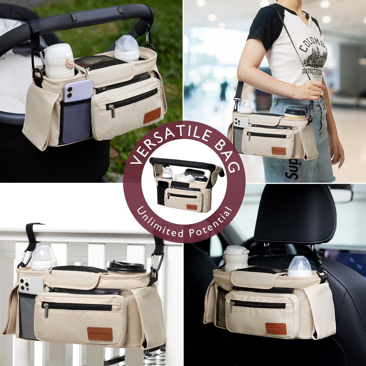 Momcozy Universal Baby Stroller Organizer, 2 Insulated Cup Holder, Detachable Zippered Pocket, Adjustable Shoulder Strap, Large capacity for baby essentials, Compact Design Fits Any Strollers