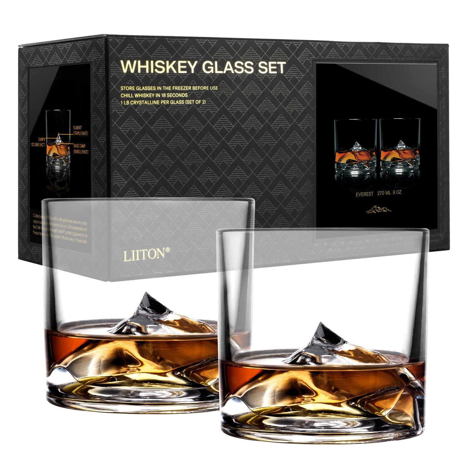 LIITON Heavy Crystal Whiskey Glasses Gift Set, Thick Freezable Bourbon Glass 1lb Each, Premium Whiskey Gifts for Men, Frozen Crystal Chills Cocktails Featuring Grand Canyon Glasses Set of 2, 10 oz