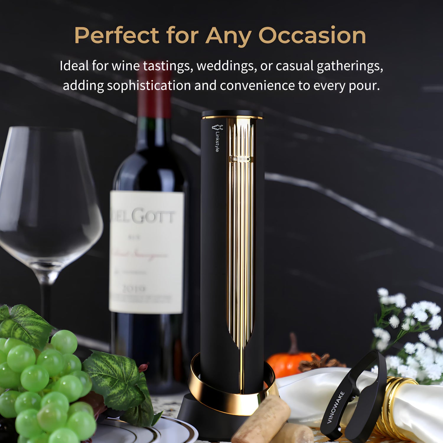 LINKSTYLE OPENERO Electric Wine Bottle Opener, Luxury Automatic Wine Corkscrew with Foil Cutter and Charging Base, Premium Metals with Elegant Gift Box, Home Bar Accessories for Wine Lovers, Gold