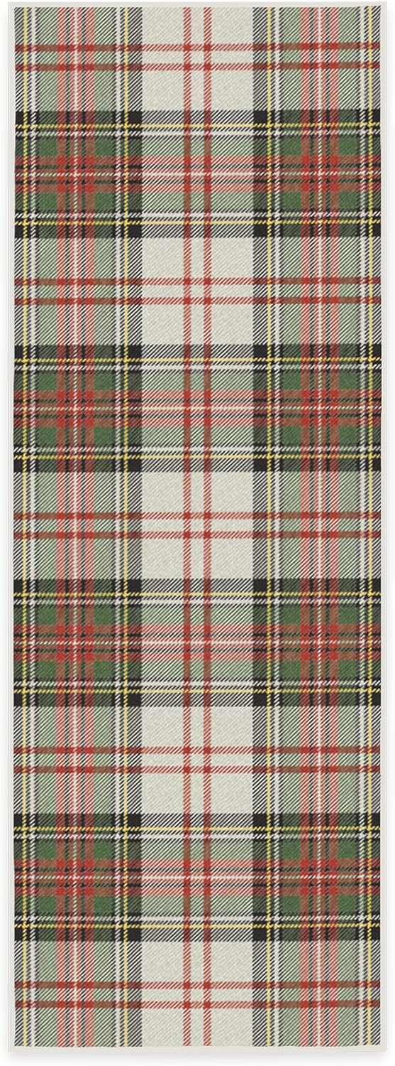 RUGGABLE Winter Plaid Runner Rug - Perfect Holiday Washable Rug for Entryway Hallway Kitchen - Pet &amp; Child Friendly - Stain &amp; Water Resistant - Dress Stewart Tartan White 2.5&