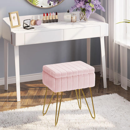 Greenstell Vanity Stool Chair Faux Fur with Storage, 19.4&quot; H x 15.7&quot; L x 11.8&quot; W Soft Ottoman 4 Metal Legs with Anti-Slip Feet, Furry Padded Seat, Modern Multifunctional Chairs for Makeup, Bedroom