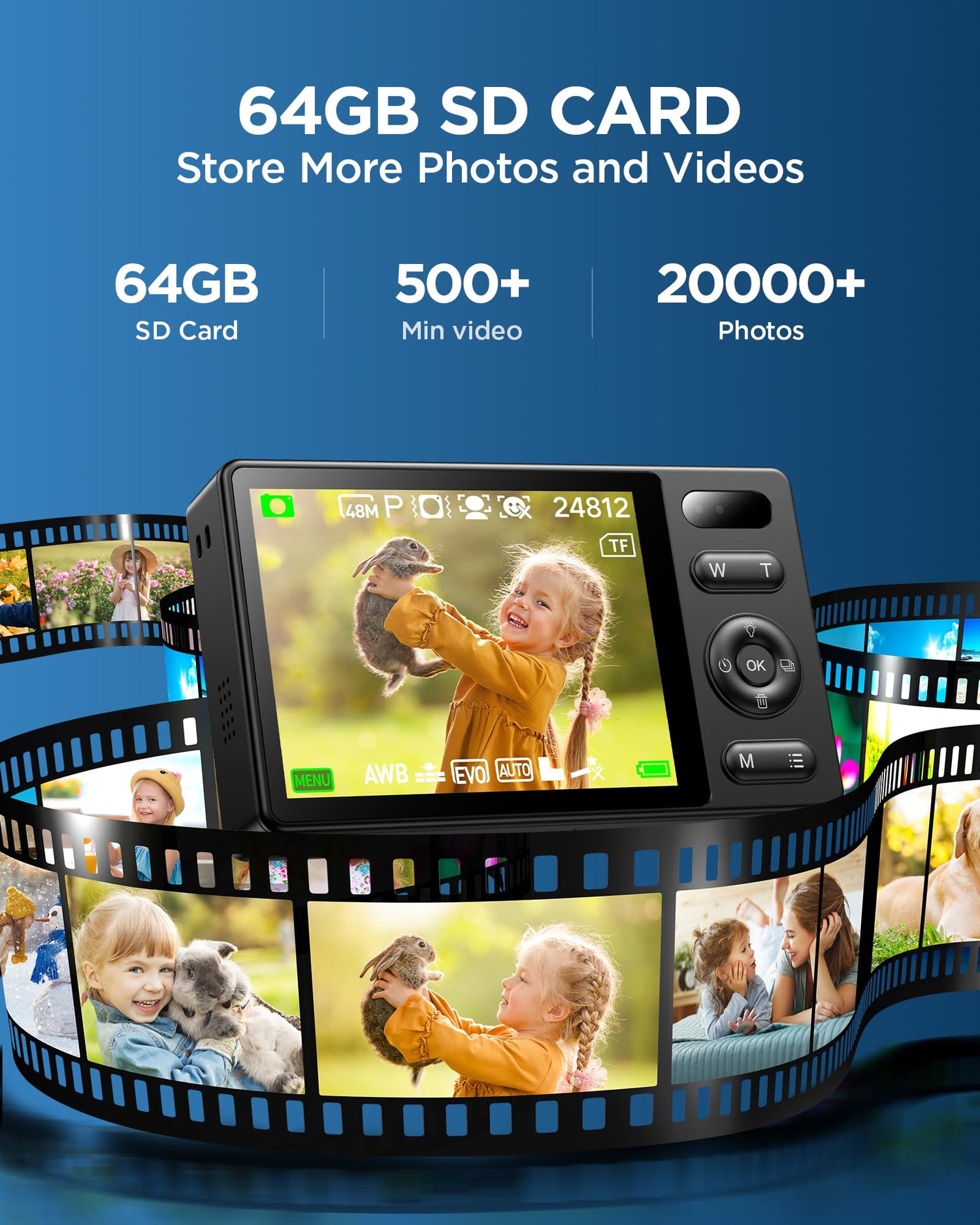 64GB Digital Camera for Kids: 48MP Anti-Shake Camera Photography Vlogging Camera for YouTube 16X Digital Zoom Photo Filtration Continuous Shooting Self-Timer Autofocus Compact Camera