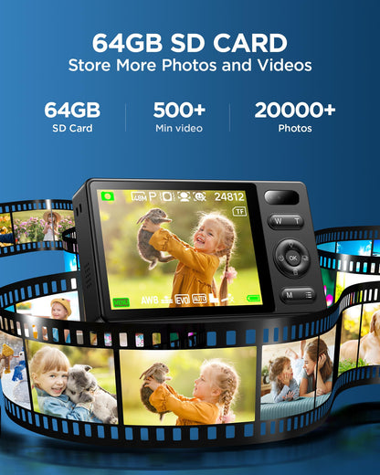 64GB Digital Camera for Kids: 48MP Anti-Shake Camera Photography Vlogging Camera for YouTube 16X Digital Zoom Photo Filtration Continuous Shooting Self-Timer Autofocus Compact Camera