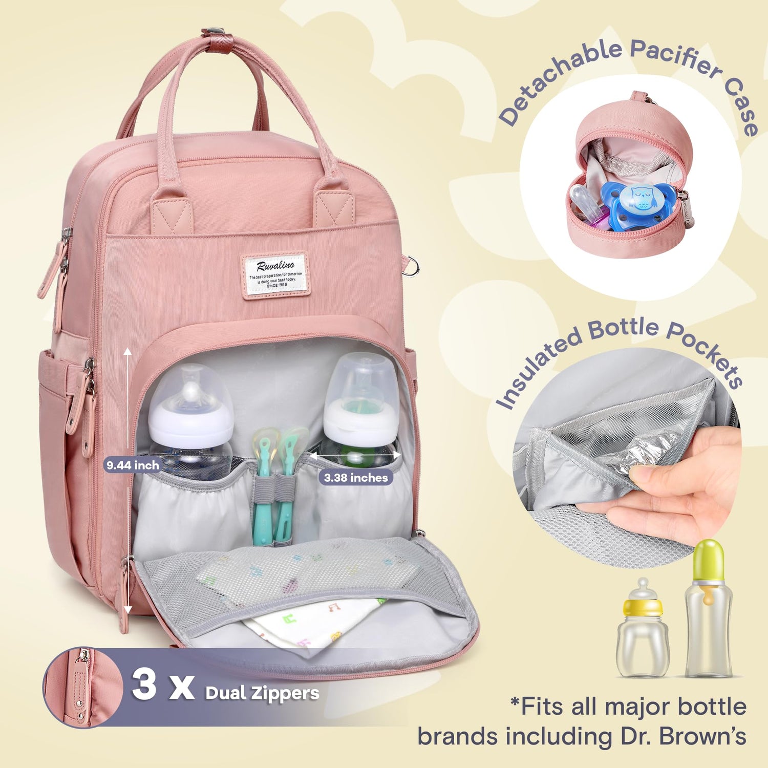 RUVALINO Diaper Bag Backpack, Multifunction Travel Pack Maternity Baby Changing Bags, Large Capacity, Waterproof, Beige