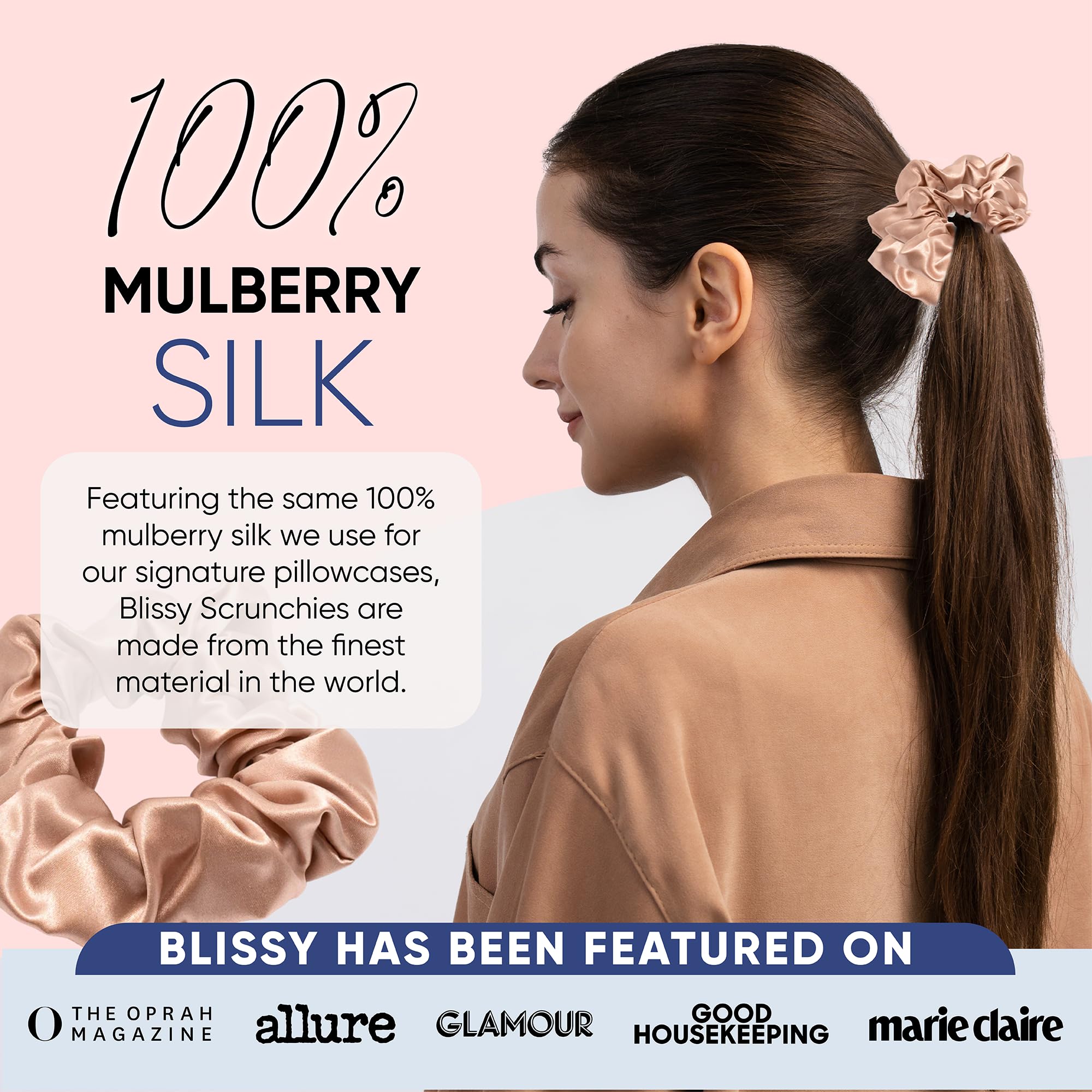 Blissy Silk Scrunchies (3 Pack) - 100% Pure Mulberry Silk - 22 Momme 6A High-Grade Fibers - Silk Scrunchie for Straight &amp; Curly Hair - Preventing Breakage, Tangling, &amp; Creasing (Rose Skinny)