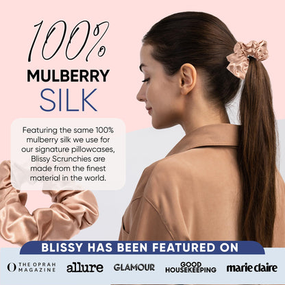 Blissy Silk Scrunchies (3 Pack) - 100% Pure Mulberry Silk - 22 Momme 6A High-Grade Fibers - Silk Scrunchie for Straight &amp; Curly Hair - Preventing Breakage, Tangling, &amp; Creasing (Rose Skinny)