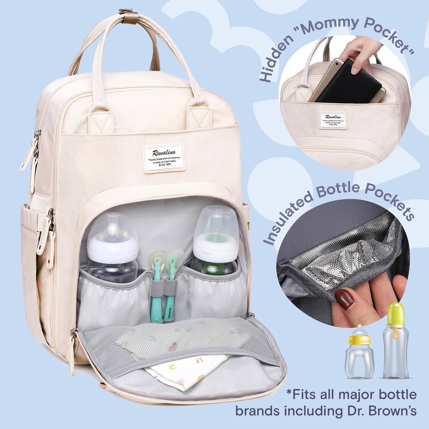 RUVALINO Diaper Bag Backpack, Multifunction Travel Pack Maternity Baby Changing Bags, Large Capacity, Waterproof, Beige