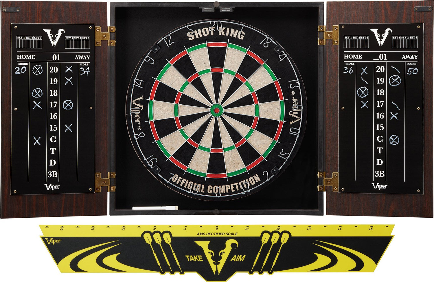 Viper Stadium Cabinet &amp; Shot King Sisal/Bristle Dartboard Ready-to-Play Bundle with Two Sets of Steel-Tip Darts, Throw Line, and Dry Erase Scoreboards, Walnut Finish